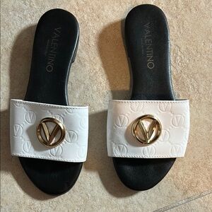 Valentino Gold-Emblem White Sandals